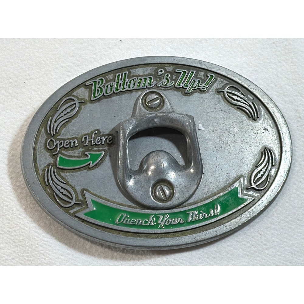Vintage Bottoms Up Bottle Opener Belt Buckle Green Enamel Novelty Silver Tone